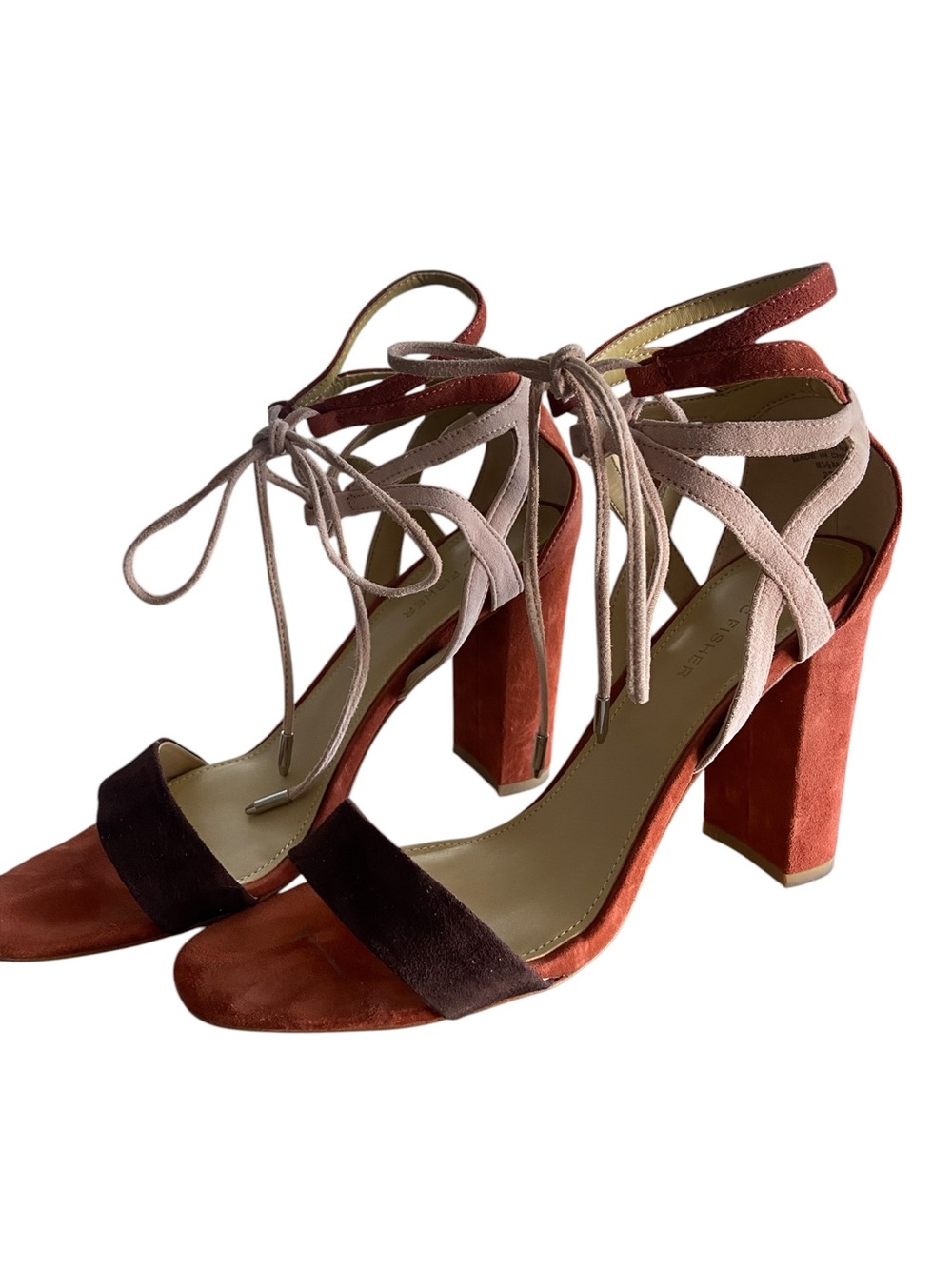 Marc Fisher Suede Two-Tone Lace-Up Block Heel Sandals - Rust & Blush - Picture 3 of 13